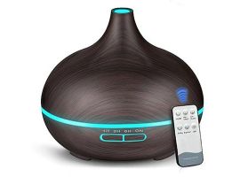 Set Difuzor Aromaterapie cu ultrasunete cu led + Telecomanda, silentios, 550 ml, + Esenta naturala Lavanda, 12 ml, Alegeți culoarea: Maro