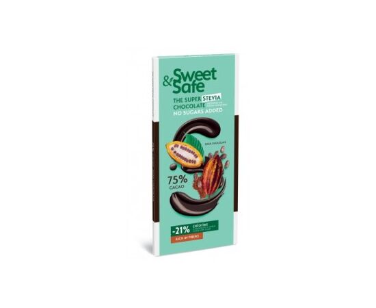 Ciocolată amăruie, fără zaharuri adăugate, cu îndulcitor din Stevia, SWEET&SAFE, 90g