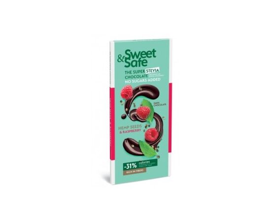 Ciocolată amăruie cu seminţe de cânepă şi zmeură, fără zaharuri adăugate, cu îndulcitor din Stevia, SWEET&SAFE, 90g